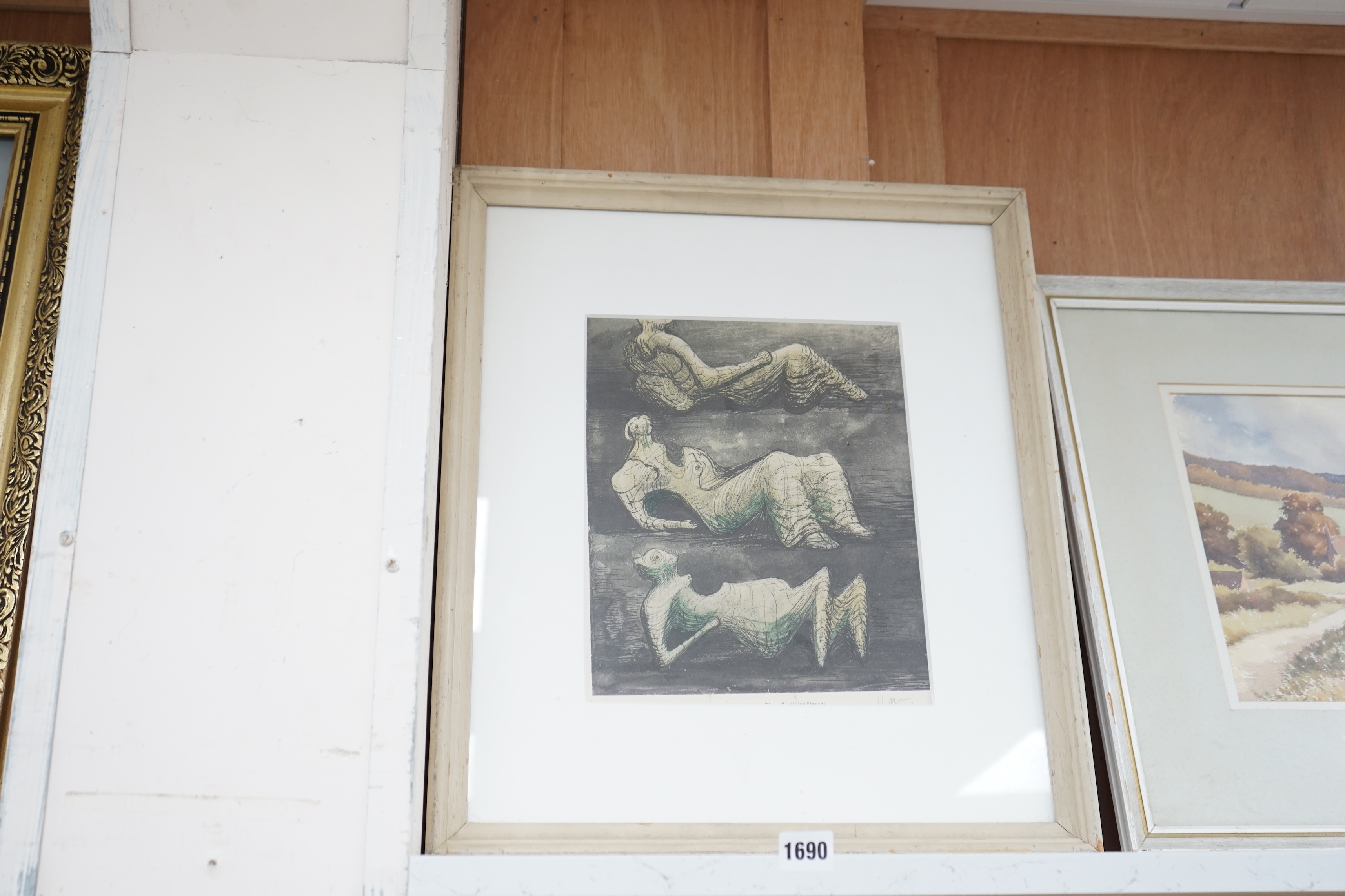 Henry Moore (1898-1986), colour print, Three reclining figures, printed and publ. in England by Ganymede Press, London, bears pencil signature, 28 x 23cm